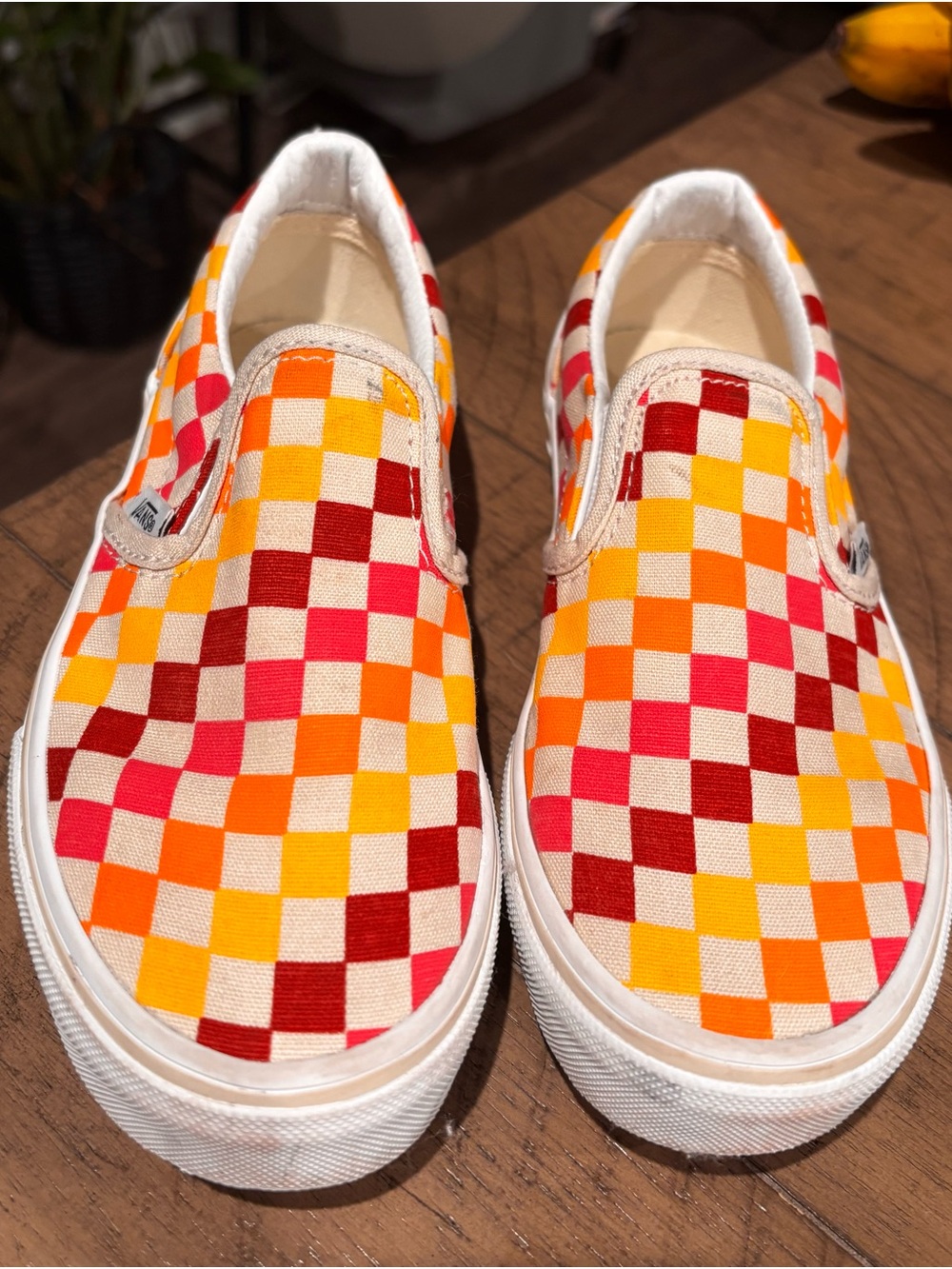Vans Kids Checkerboard Slip-On Sneakers in Red, Orange & Yellow